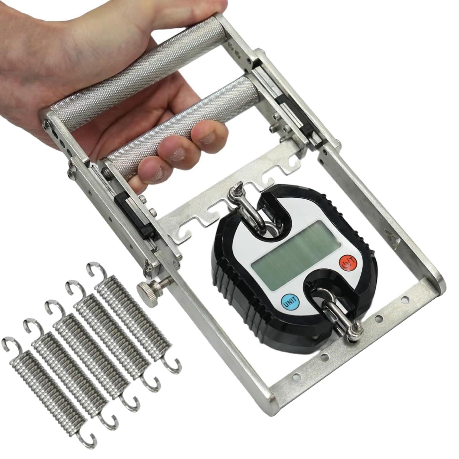Probador Digital de Fuerza de Agarre, Pinza de Mano de Acero Inoxidable con 5 resortes, dinamómetro de Fuerza de Agarre, Carga máxima de 150 kg, para Ejercicios de musculación y rehabilitación
