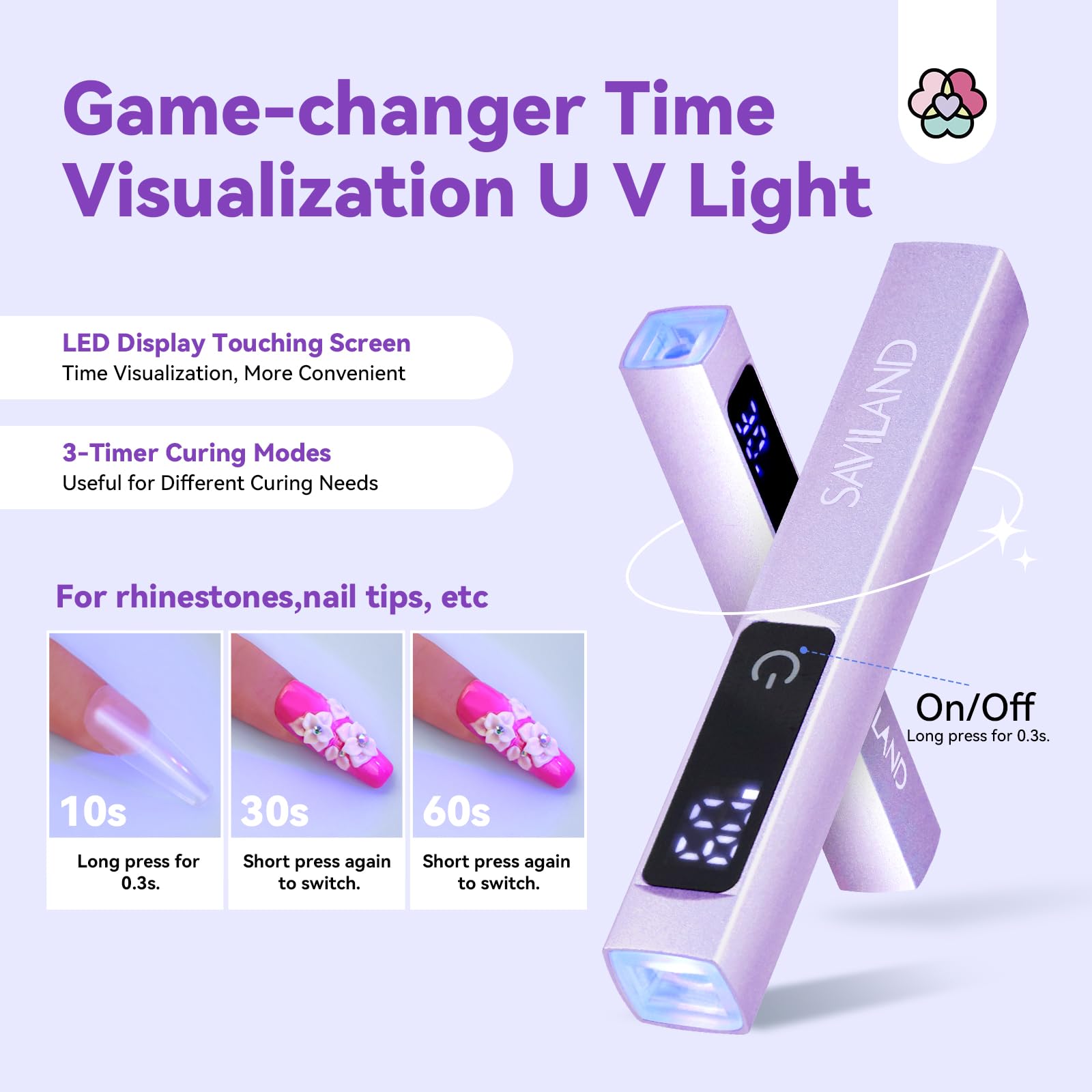 SAVILAND Handheld U V Light for Gel Nails: 10S Flash Cure Mini Nail Light with Stand Portable LED Nail Lamp Nail Dryer Cordless Rechargeable Lamp Home DIY Manicure Purple - Image 3