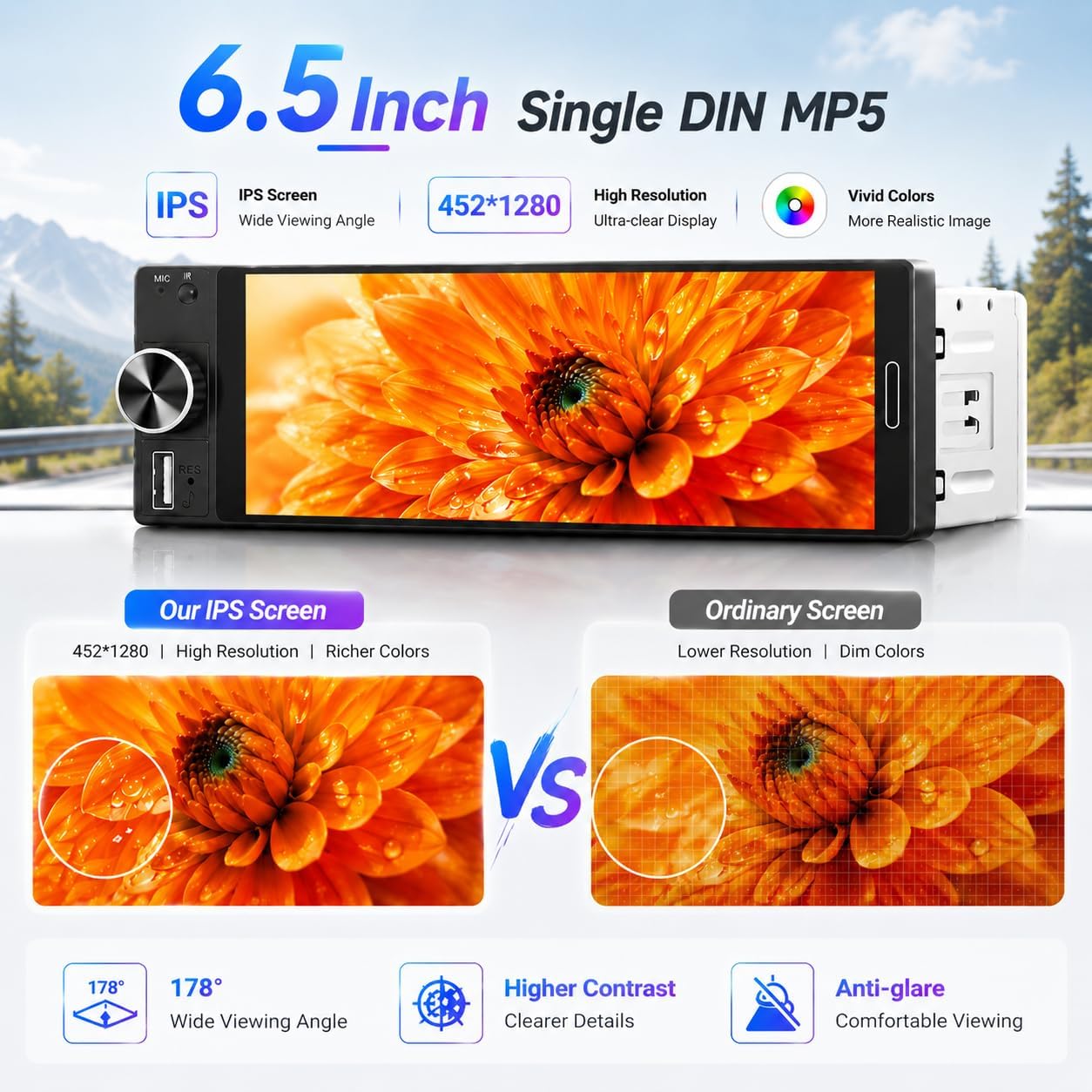 6.5" Wireless Single Din Car Stereo with Apple CarPlay, 720x1280 HD in-Cell Touchscreen, FM Radio with Bluetooth 5.2, USB & Type-C Fast Charging, SWC, Backup Camera, Android Auto, Hands-Free with Mic