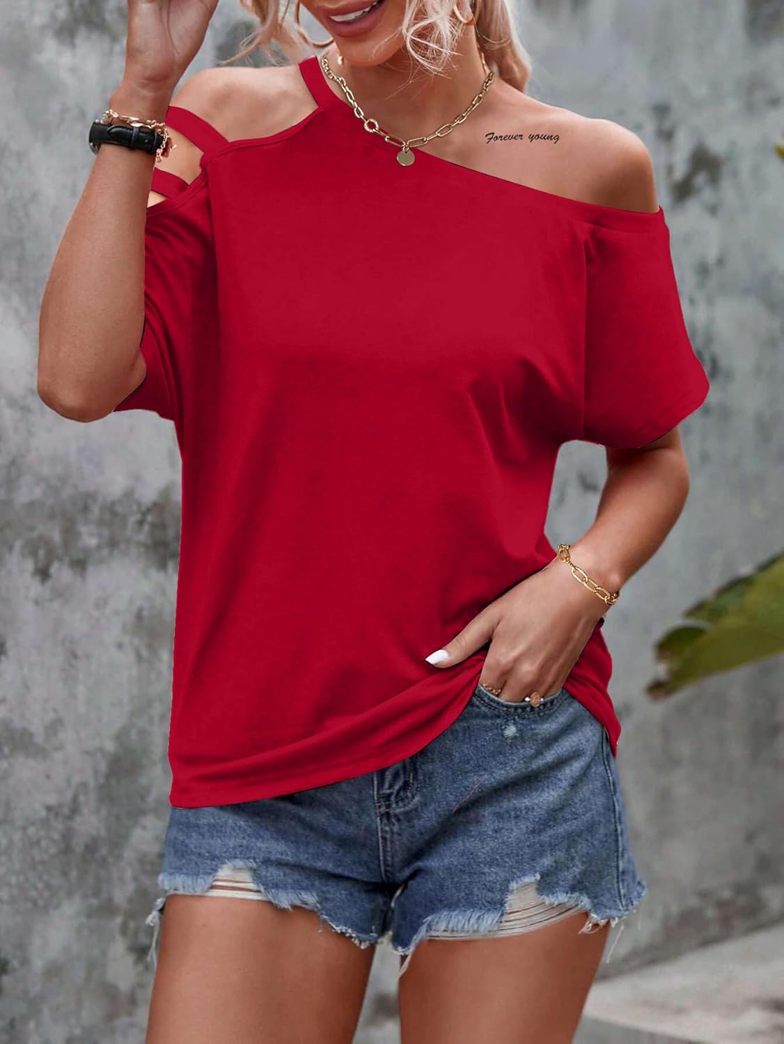 LilyCoco Women's Off The Shoulder Top Short Sleeve Cutout Asymmetrical Neck T Shirt - Image 3