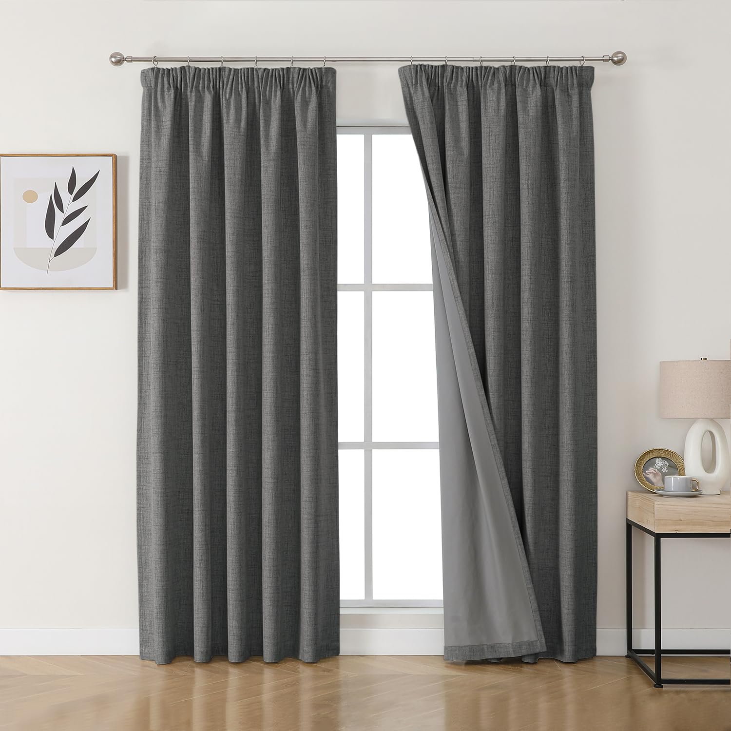 Joydeco 100% Blackout Curtains Bedroom 66 x 90 Inch Drop, Faux Linen Pencil Pleat Thermal Insulated Drapes with Coating Back Layers for Room Darkening Privacy Protection, 2 Panels, Grey