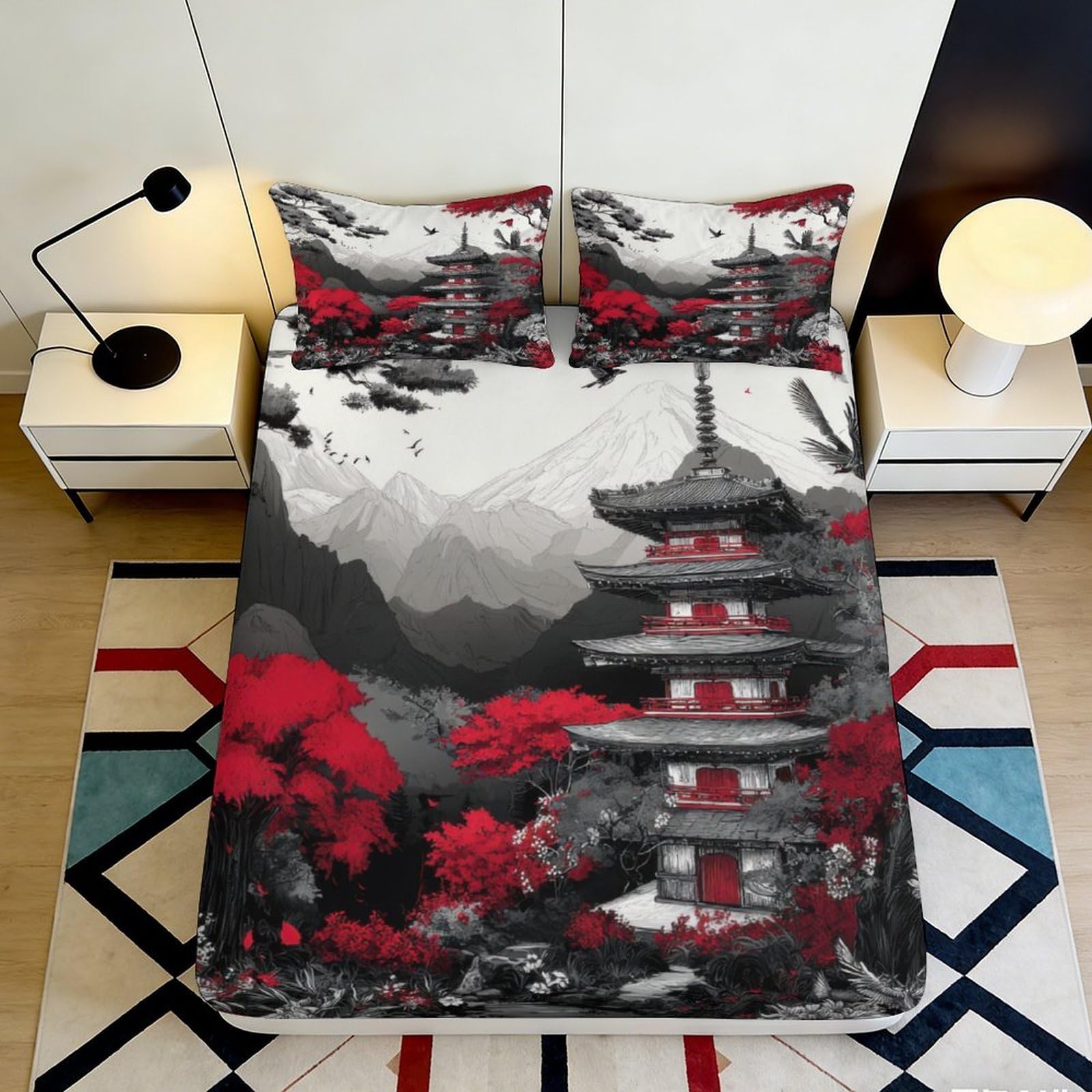 3D Printed Japanese Pagoda Fitted Sheet Microfiber Soft Red Maple Mountain Mattress Cover for Bedroom Guest Room Decor 90x200x25cm