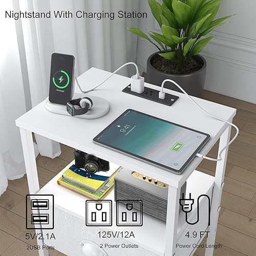 Miniatura 4 de Sthmec - Juego de 2 mesitas de noche LED con estación de carga y cajón de tela, mesita de noche con almacenamiento, mesa auxiliar de 3 niveles con