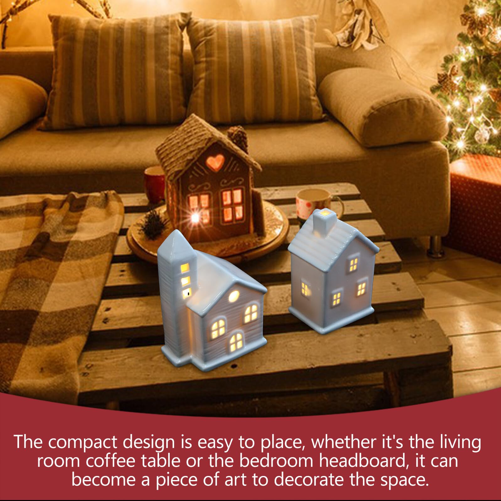 Uonlytech Casas Navideñas de Cerámica con Luces LED Cálidas, Adorno Elegante para Mesa y Árbol en Hogar Estilo Pueblo Rústico, Pack de 2 Piezas