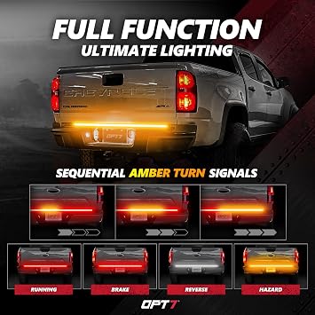 OPT7 Redline 48 Aluminum Tailgate Light Bar - Sequential Amber Turn Signal, Weatherproof Rigid 1-Piece Triple Row LED Truck Dynamic Taillight Strip - Full Functions: Brake, Running & Reverse Lights