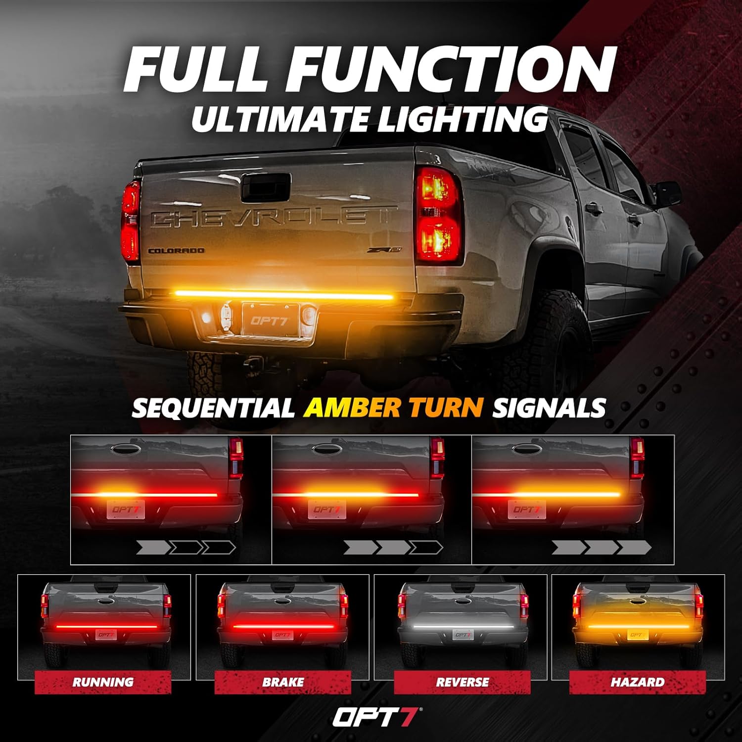 OPT7 Hardwire Installation Kit for 2015-2024 Ranger, Frontier + OPT7 48" Redline Triple Row LED Tailgate Light Bar w/Sequential Amber Turn + 5pcs Easy-Install Neodymium Magnets