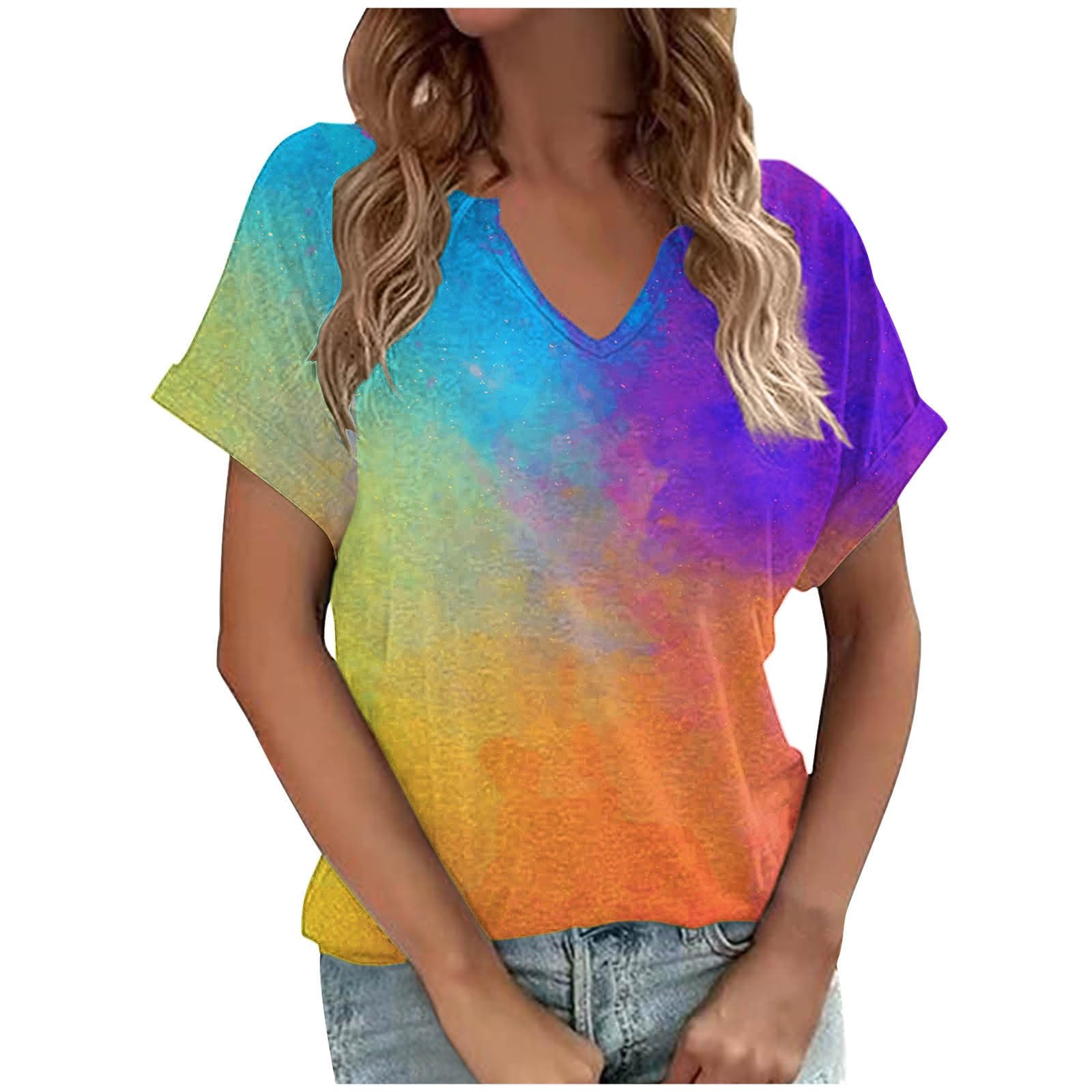 Women's Summer Casual Short Sleeve Loose Tops Blouse Tie Dye Gradient Printing Tees Shirt Trending T Shirts