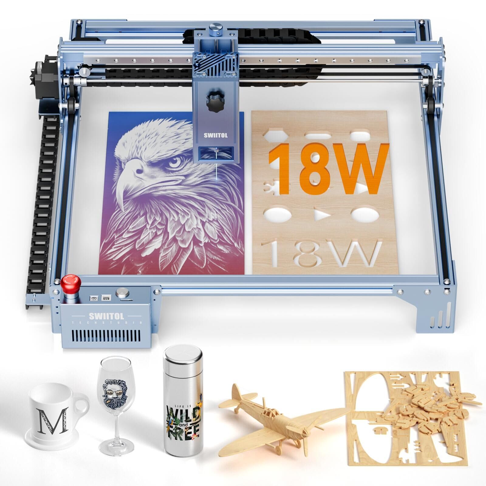 Incisore Laser 18W Macchina Taglierina Laser Ad Alta Potenza 30000mm/min 0.01mm di Alta Precisione, Macchina per Incisione Laser CNC con Pulsante di Arresto di Emergenza per Metallo, Legno,