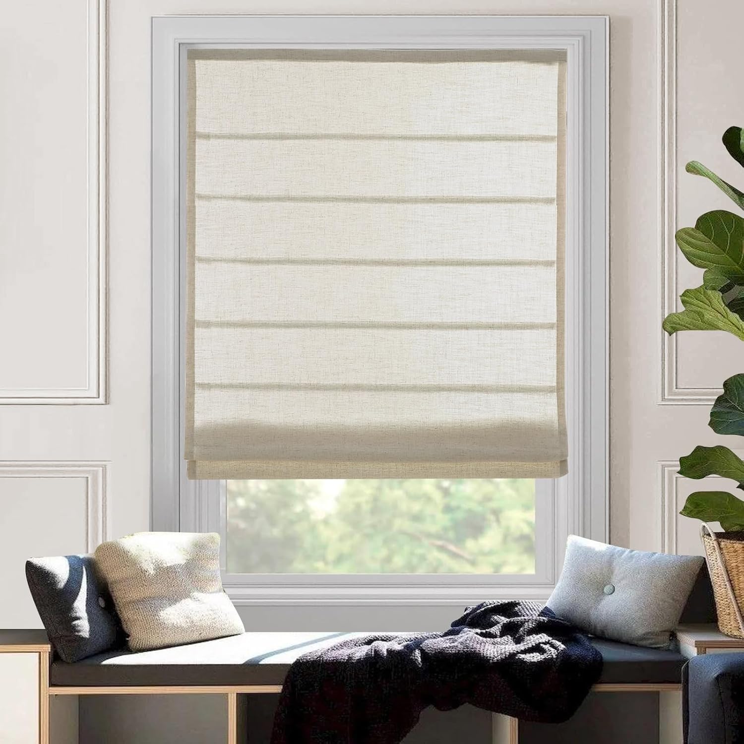 Cordless Roman Shades Window Shades, Linen Natural Custom Blackout Light Filtering Window Roman Blinds, Fabric Roman Shades for Windows, French Doors, Doors, Kitchen Windows