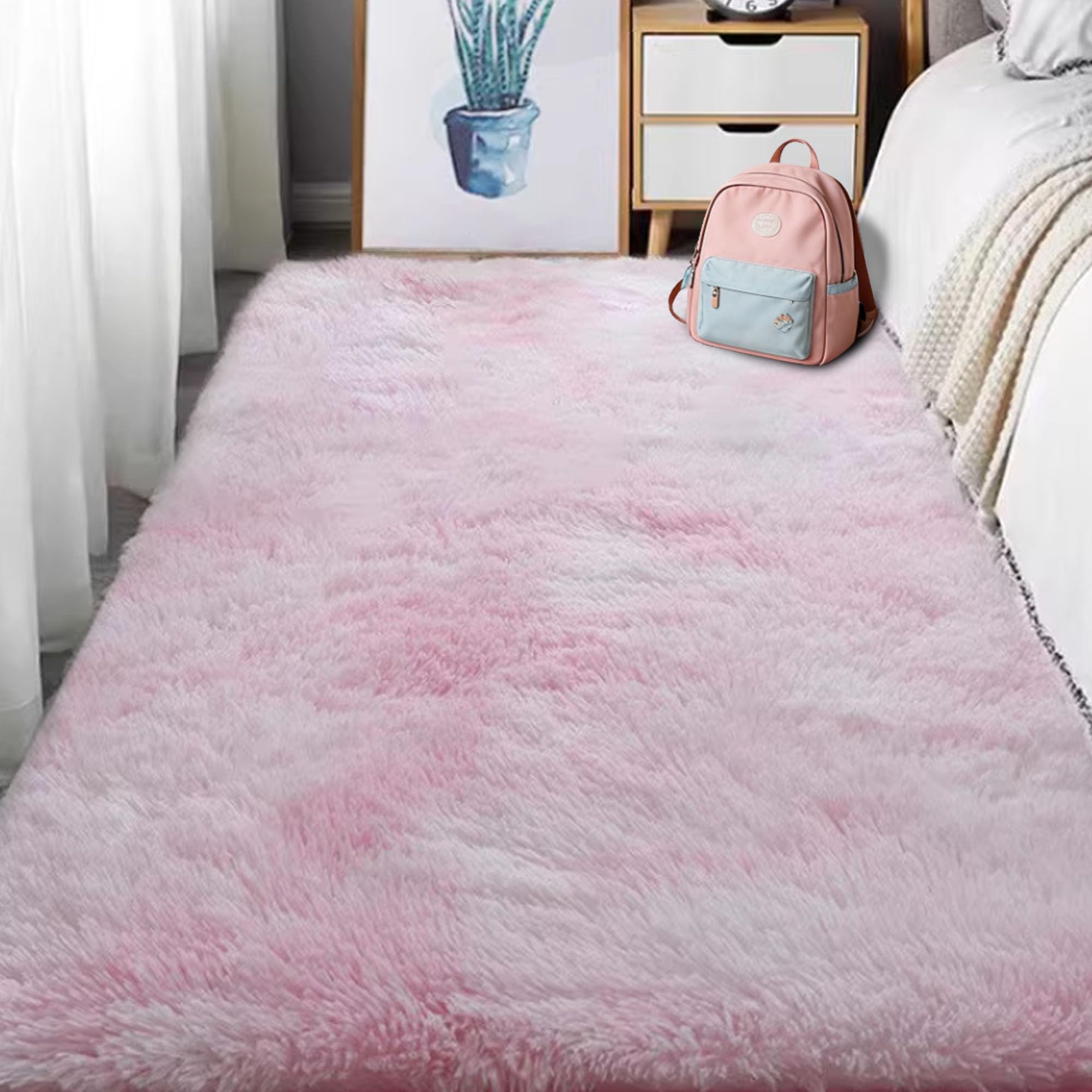 Tapis à poils longs doux rose clair 210x400 cm antidérapant