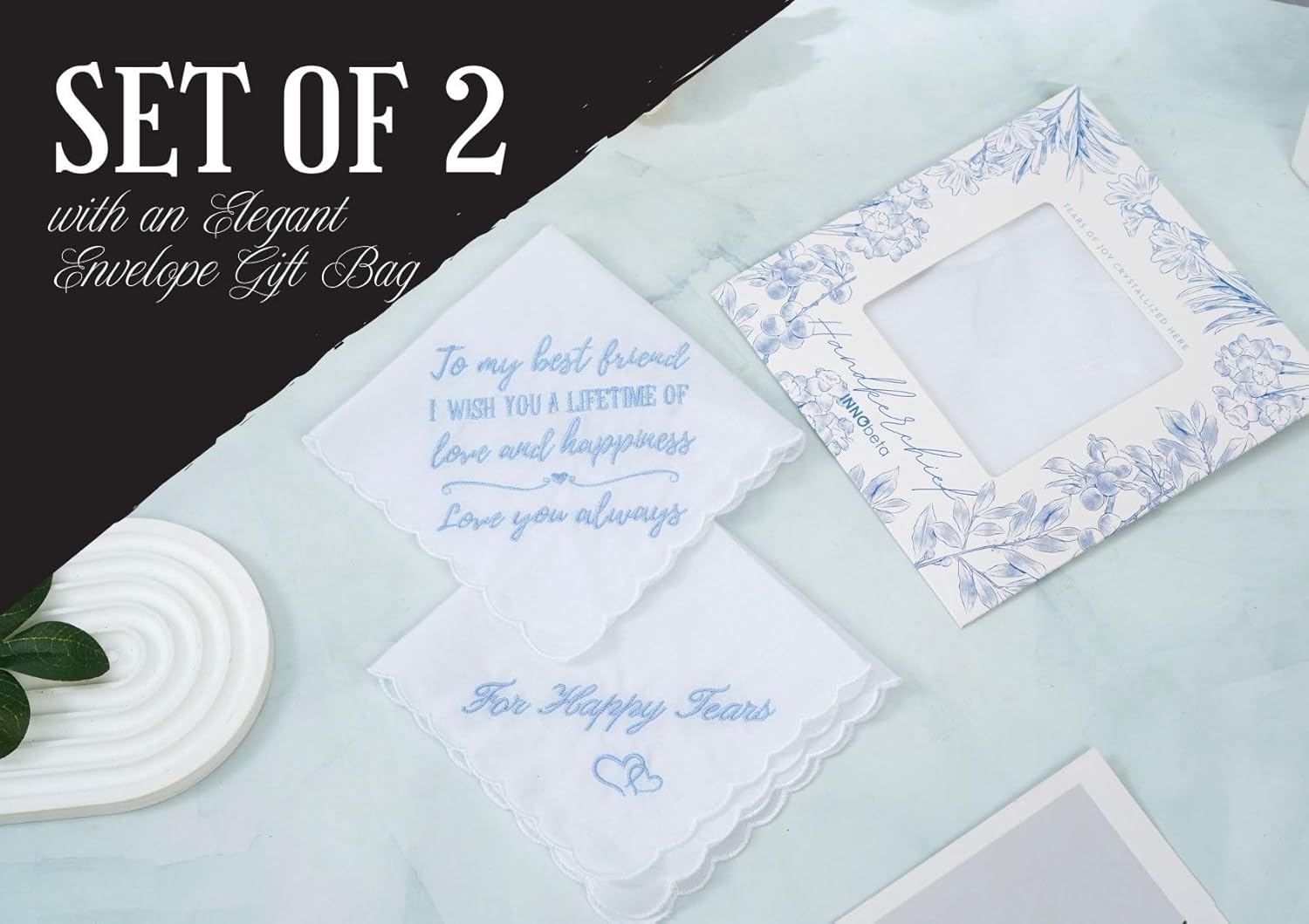 InnoBeta Bride Gifts from Friend, Wedding Handkerchief for Bride, For Happy Tears, Something Blue Handkerchiefs Set of 2 - Image 3