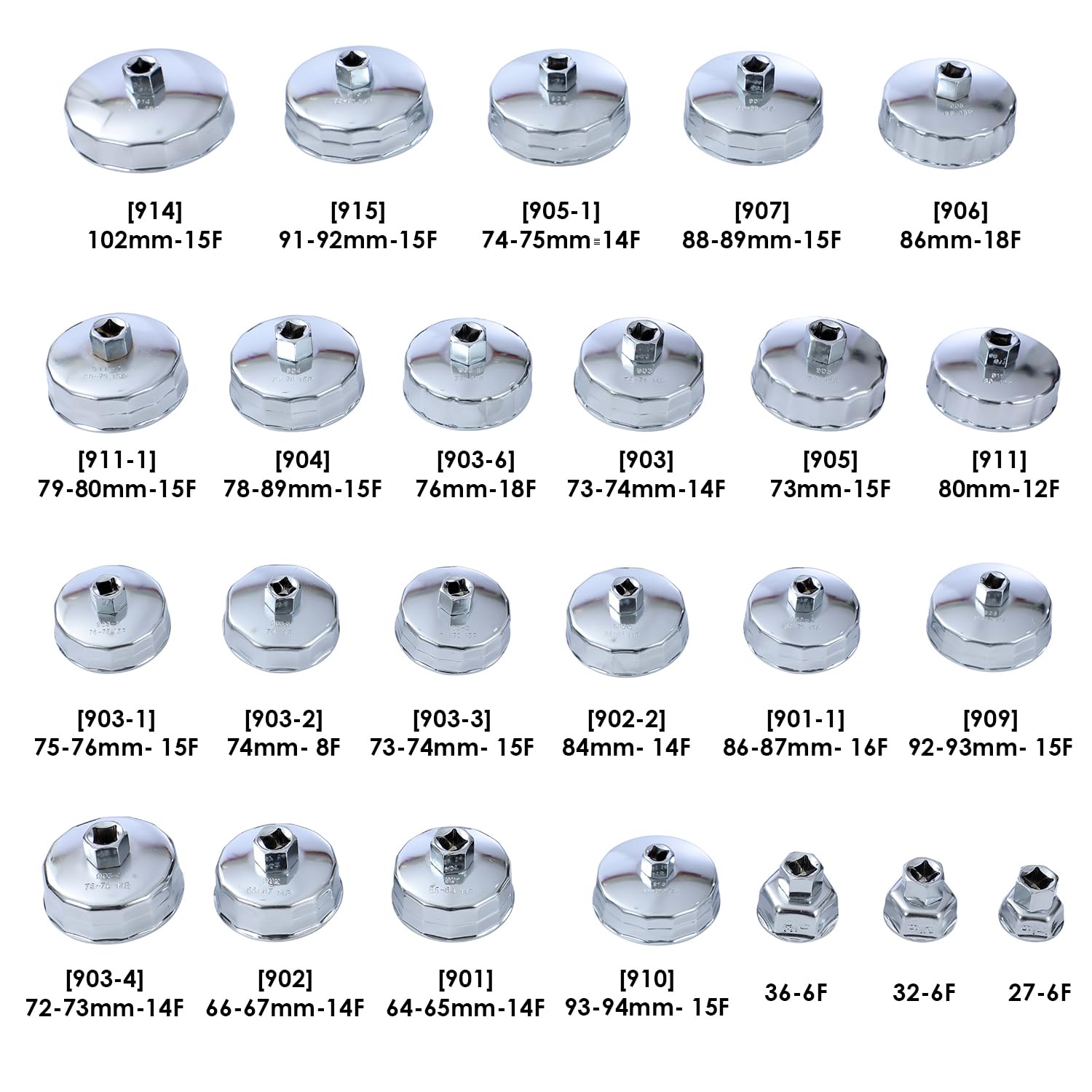 TOPWAY 25 PCs 1/2" Juego de Vasos para Llaves de Filtro de Aceite, Acero Inoxidable Herramientas de Extracción Llave de Filtro de Aceite Tipo Taza para Reparación de Automática