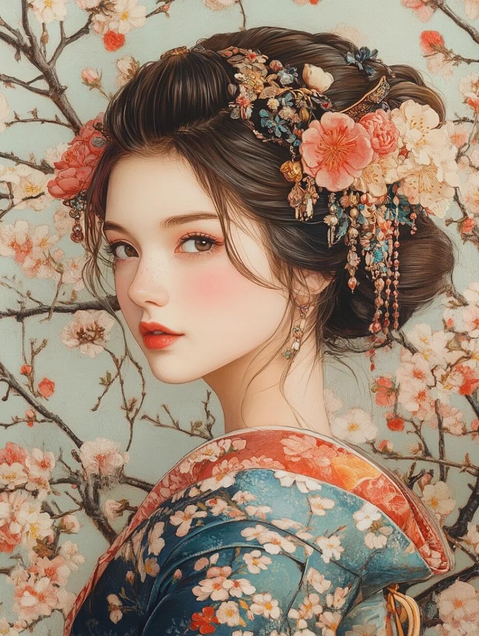 RKFLGEW 14CT Cross Stitch Kits for Beginners Kimono-Clad Women and Flowers Embroidery Kit for Beginners Adult DIY Cross Stitches Needlepoint Set Home Decoration 40x50cm