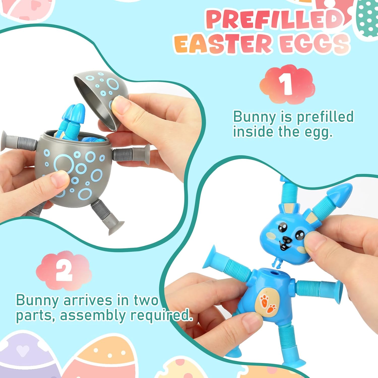 Easter Basket Stuffers Egg Fillers for Toddlers Kids, 4 Pack Suction Pop Tube Fidget Easter Toys for Boys Girls, Bunny Rabbit Easter Gifts Party Favors