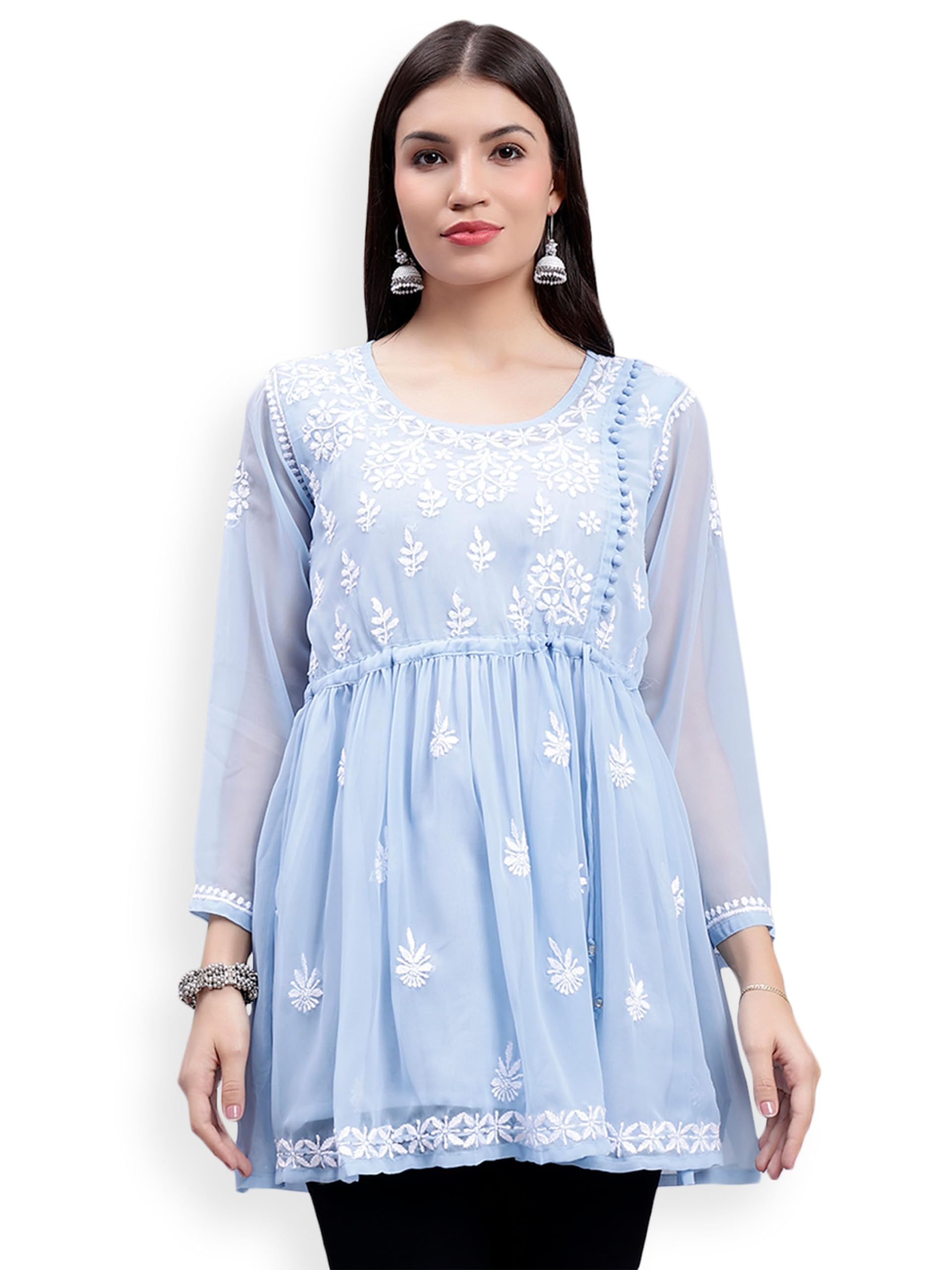 seva chikan Hand Embroidered Georgette Lucknowi Chikankari Top with Slip SCL9083-picture-37