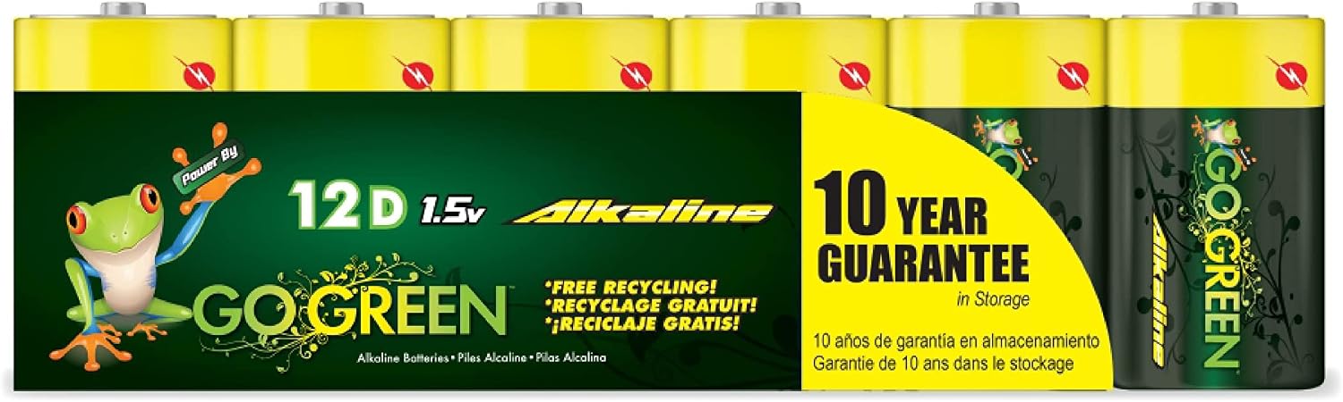 GoGreen Power (G-24014) Eco-Friendly Alkaline D Batteries - Heavy Metal Free (No Lead, Cadmium, Mercury) - 12 Pack for High-Drain Devices