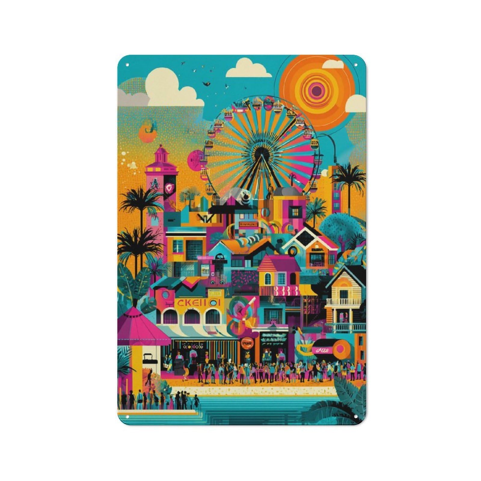 Junmoney Vibrant Cityscape With Ferris Wheel Tin Wall Plaque 30X20cm With For Bar Or Restaurant, Suited To Restaurant Interior Fans