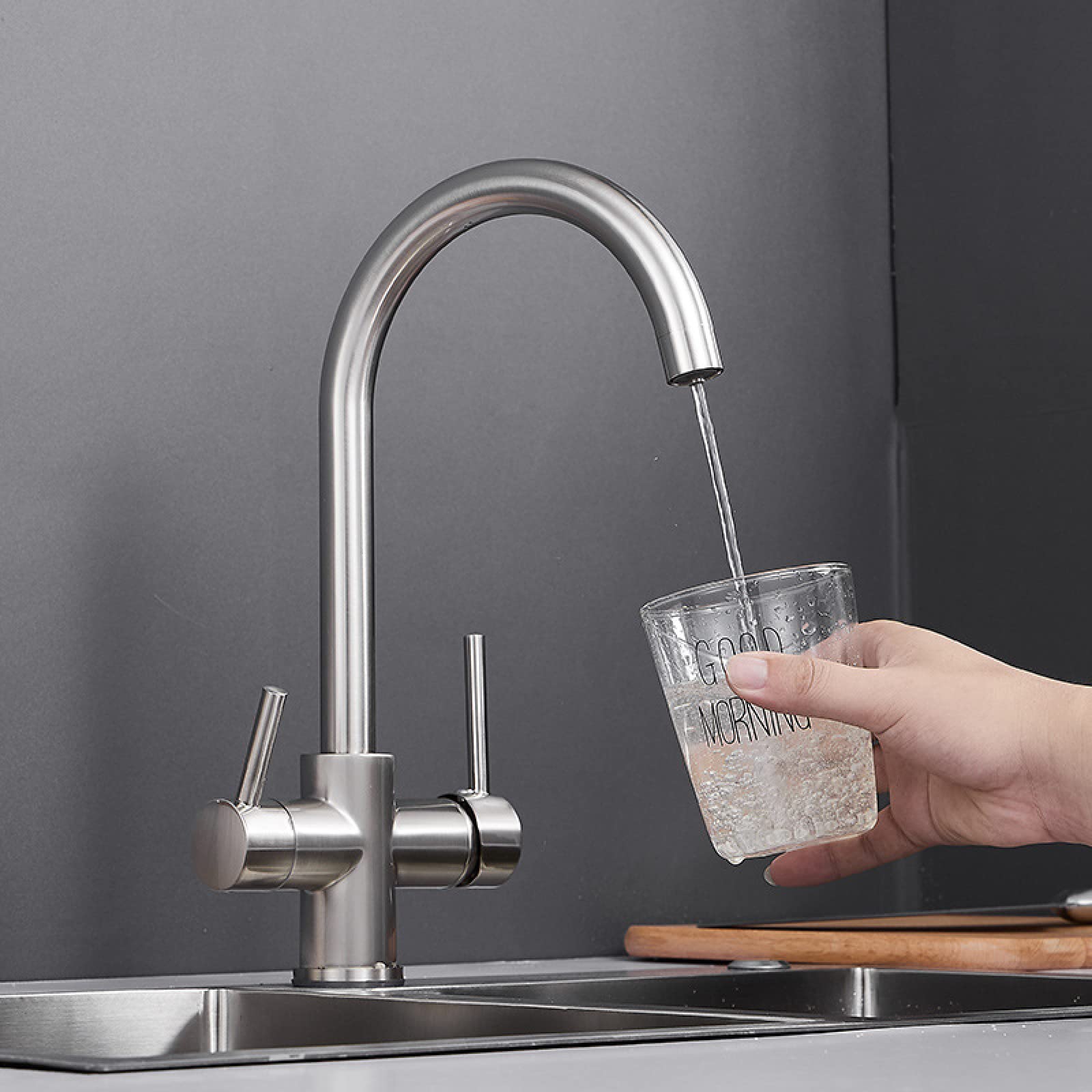 Grifos con filtro de 3 vías, grifo de cocina, grifos mezcladores para fregadero de cocina negros, caño giratorio de 360 grados, grifo mezclador para fregadero, purificador de agua (cepillado)