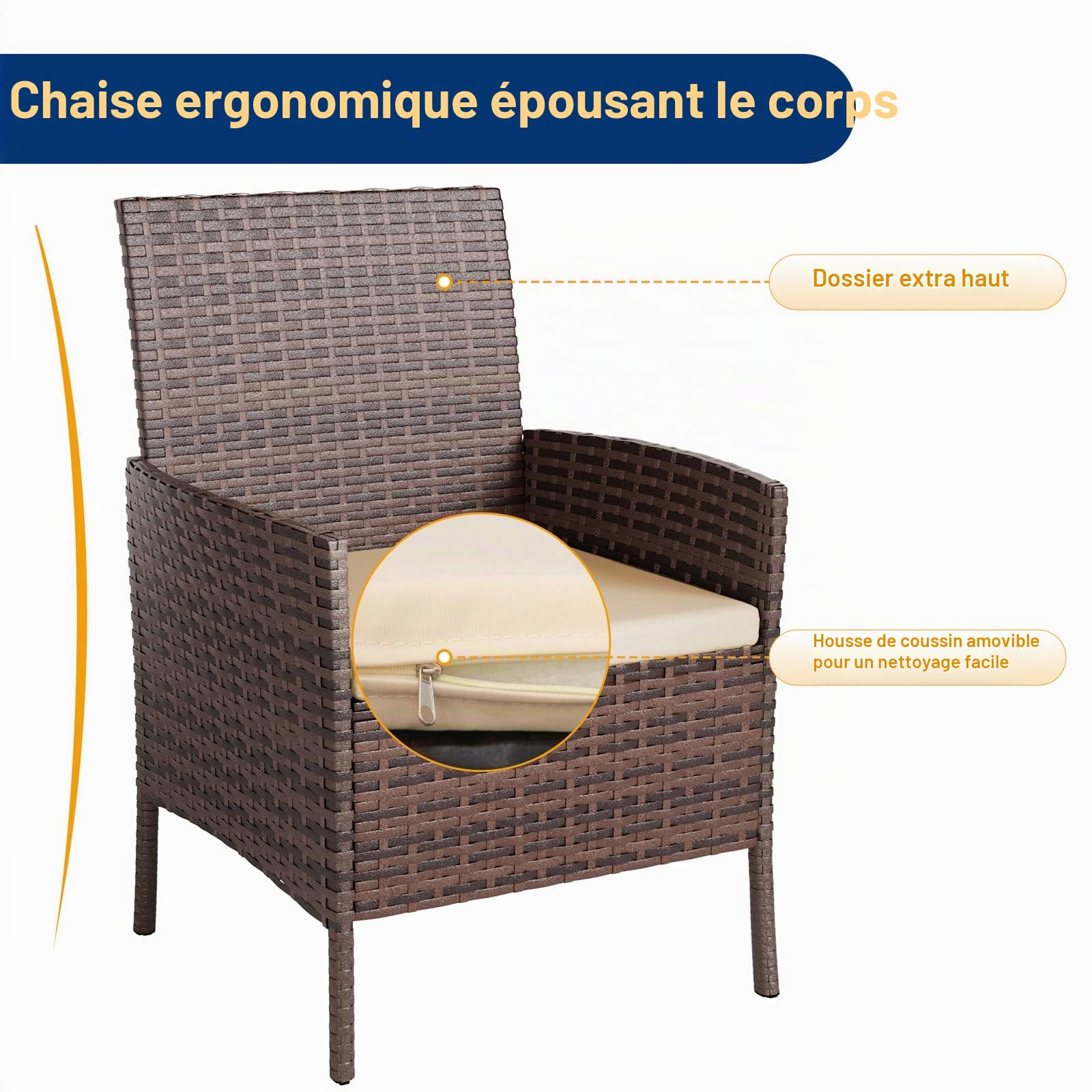 UDPATIO Salon de Jardin Exterieur 2 Fauteuils avec Coussin et 1 Table Basse en Verre trempém, Canapé de Jardin en rotin pour Le Jardin et la terrasse, Marron