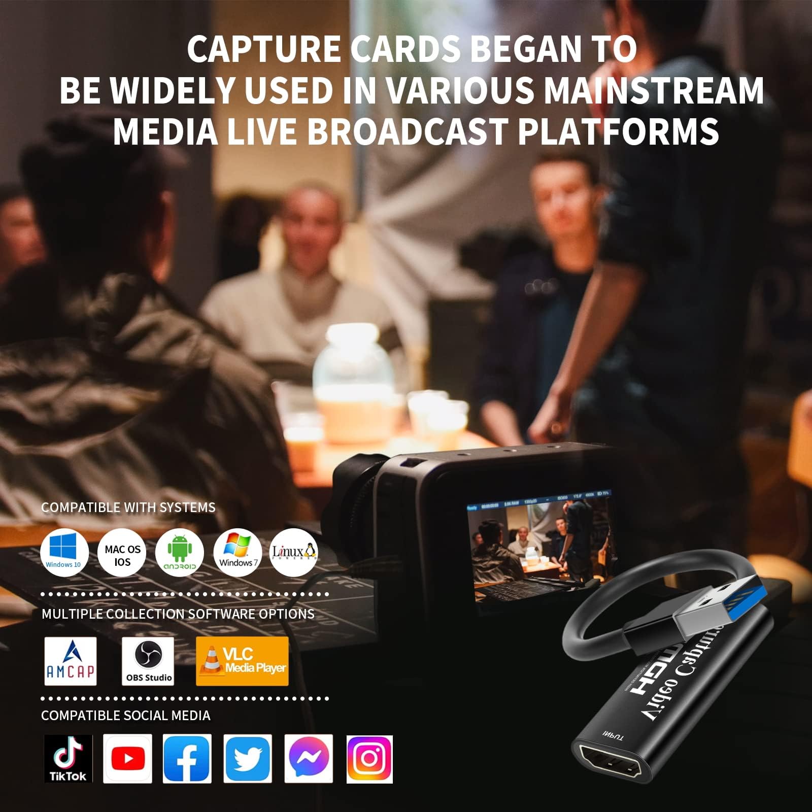 Carte de Capture vidéo, Fulfalic 4K HDMI vers USB, Carte de Capture Full HD 1080p, Capture de Jeu vidéo HDMI pour éditer vidéo/Jeu/Streaming/Cours en Ligne (Noir)