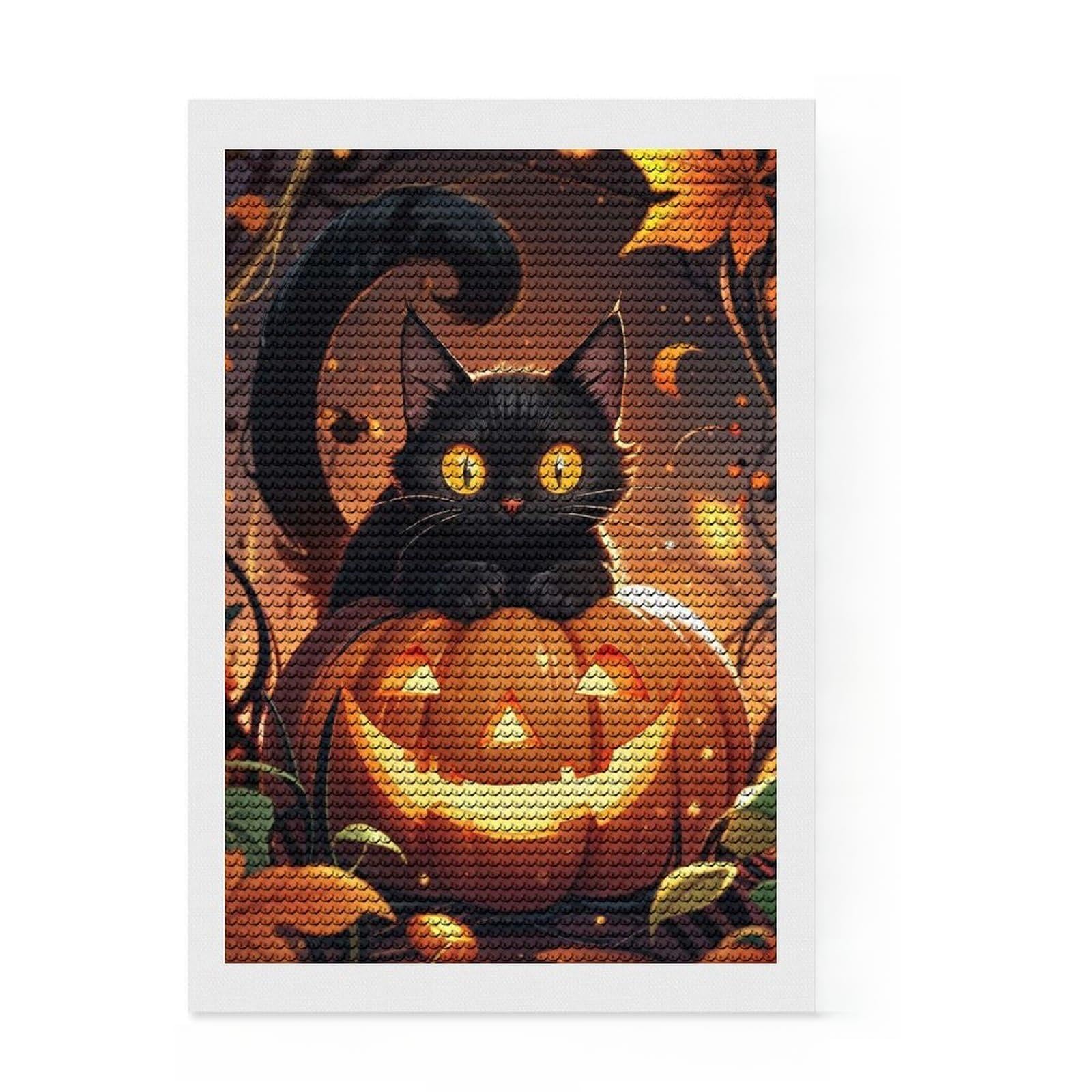Junmoney Black Cat on Pumpkin 5D Diamond Painting Kit 8"x12", Vintage Style Decor, Boho Decor, Handmade Wall Decor, Artistic Hobby