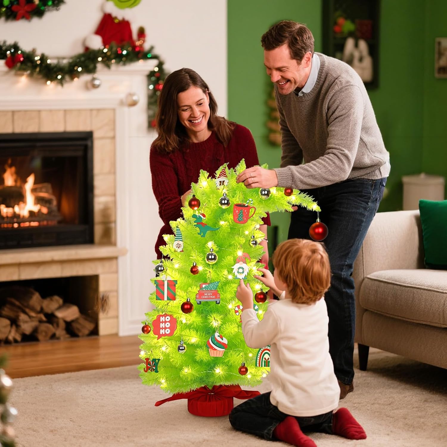 3.4Ft Whimsical Christmas Tree, Lime Green Christmas Tree with Lights and Ornaments, Bendable Artificial Trees for Holiday, Party, Home Xmas Decor