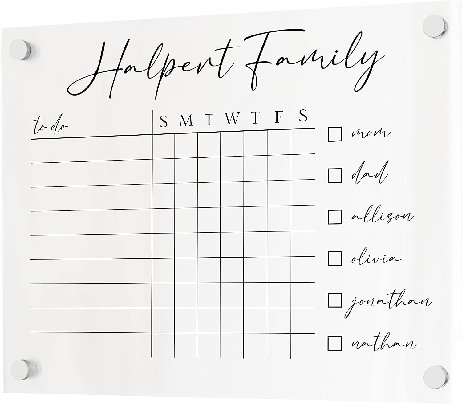 Minimalist Monthly Clear Acrylic Fridge Calendar for Family (14"W x 11"H, Black Standoffs)