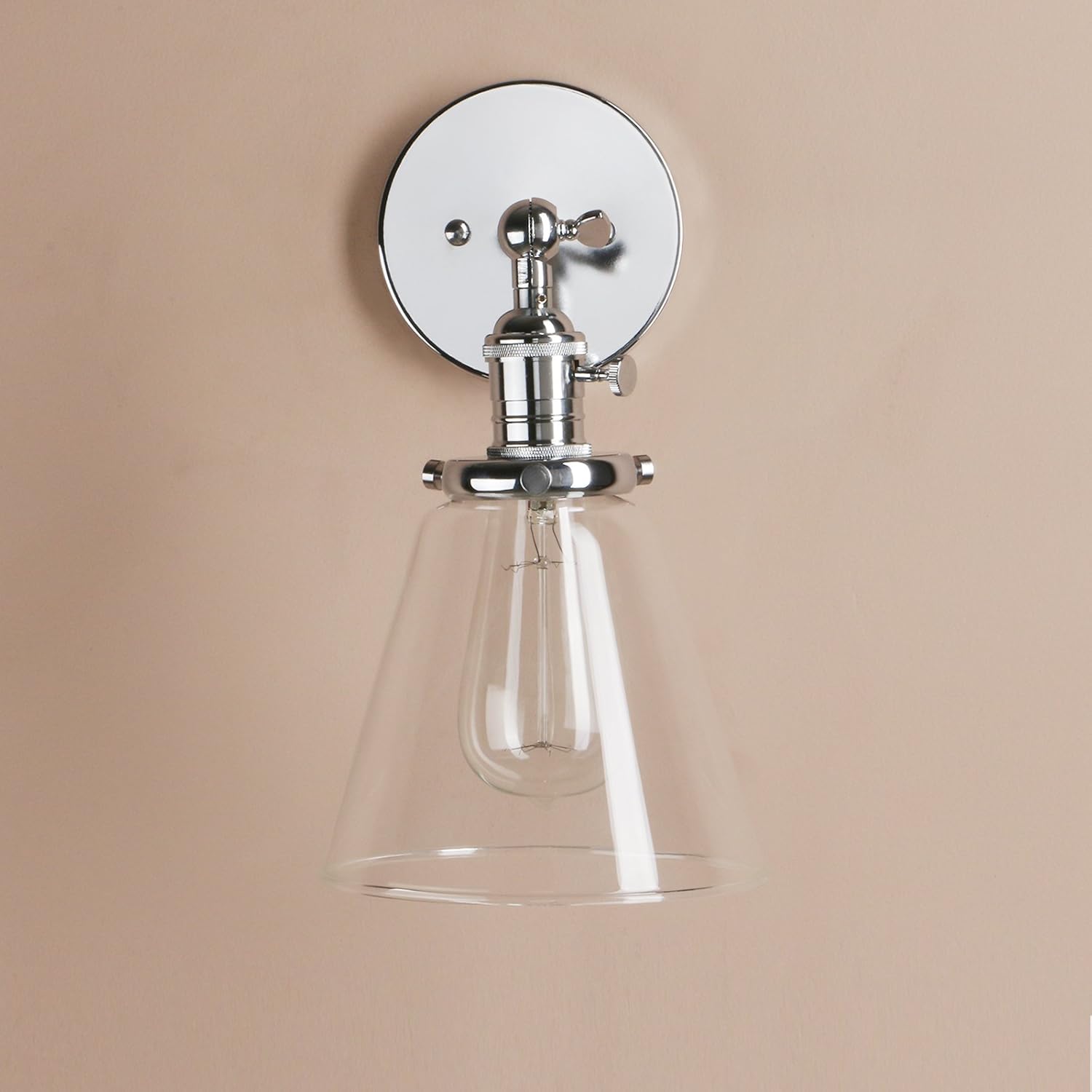 PERMO Industrial Wall Sconce Lighting with On/Off Switch Funnel Flared Clear Glass Hand Blown Shade (Chrome)