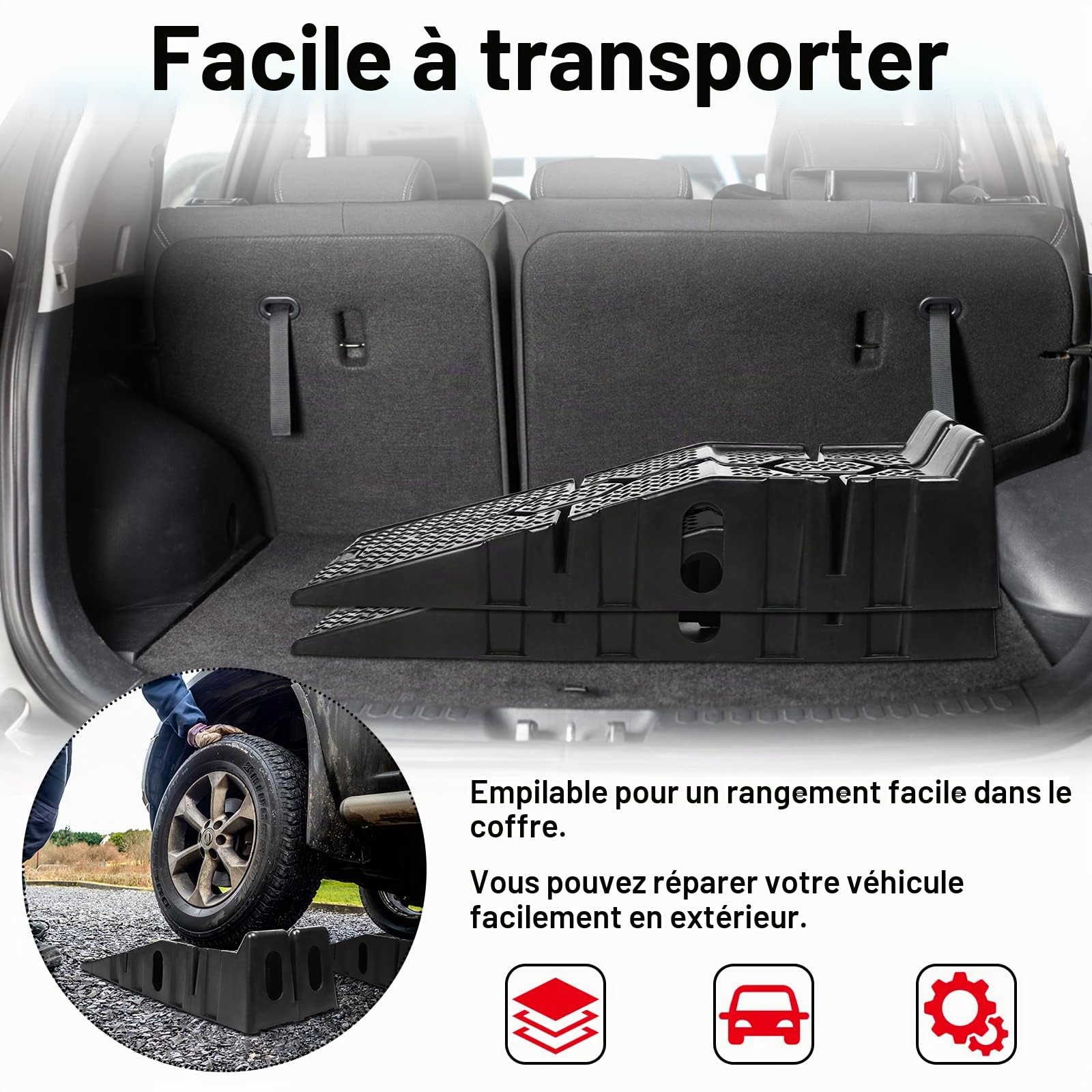 Lot de 2 rampes d'accès en plastique pour voiture - Charge maximale : 2,5 tonnes - Largeur d'accès : 320 mm - Plateforme de levage
