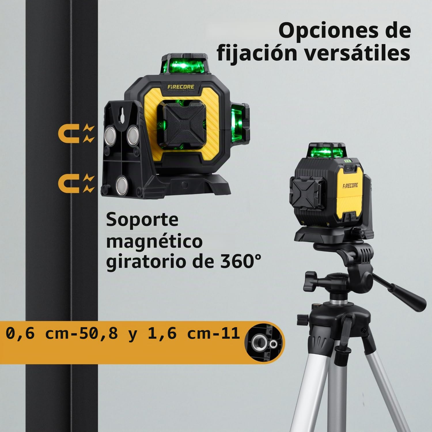 Firecore Nivel Láser Autonivelante 360° x 3, Láser Nivel de Construcción de Alta Precisión ±2 mm/10 m con Batería de Litio Recargable, Alcance de 60 m en Modo de Pulso, Ideal Para Uso en Interiores