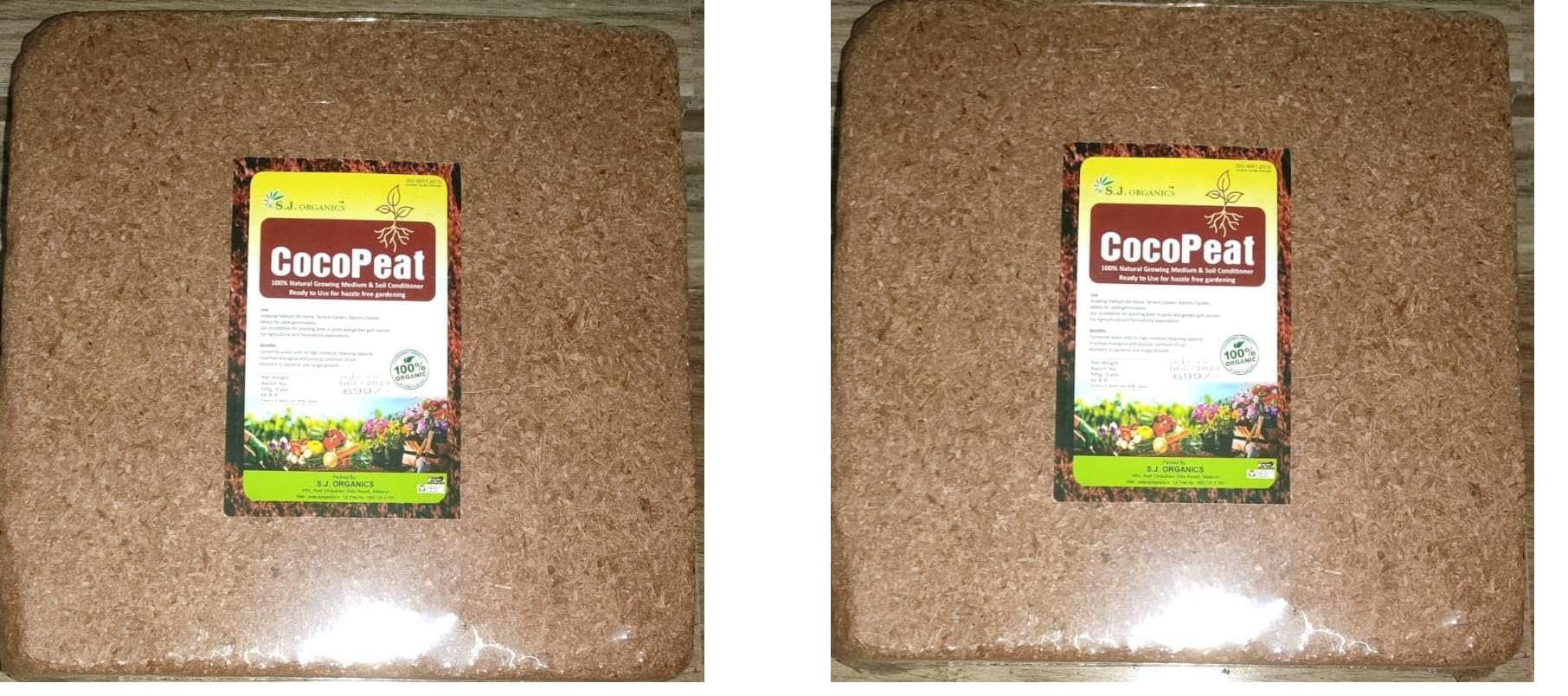 SJ Organics - Cocopeat Block 10 Kg | Natural Coconut Coir Fibres | Organic Fertilizer for Home Gardening and Potted Plants (Pack of 2, 10 kg)