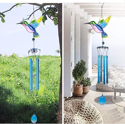 Miniatura 5 de Evealyn Campanillas de viento de colibrí al aire libre, para interiores con vitrales de metal, hermosas campanillas de viento para el hogar, balcón,