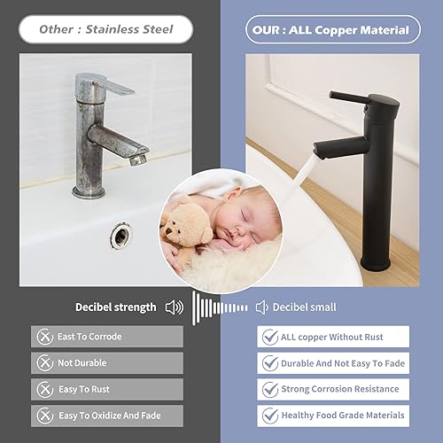 Miniatura 6 de Grifo de baño de recipiente negro mate, grifo de lavabo de baño, moderno cuerpo alto de un solo mango, grifos de baño de un agujero, boquilla