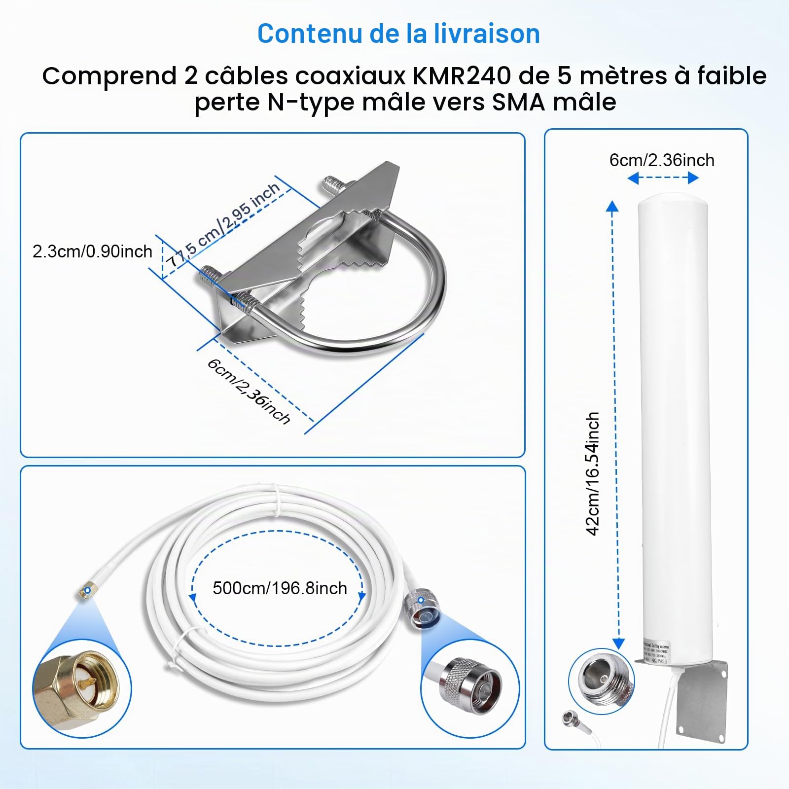 High Gain 7-12dBi 698-3800MHz Antenne d'extérieur 4G LTE 5G MimoExterne Omnidirectionnelle Compatible avec Le Routeur 4G LTE 5G M1 MR1100 Modem, Adaptateur TS9 SMA CRC9