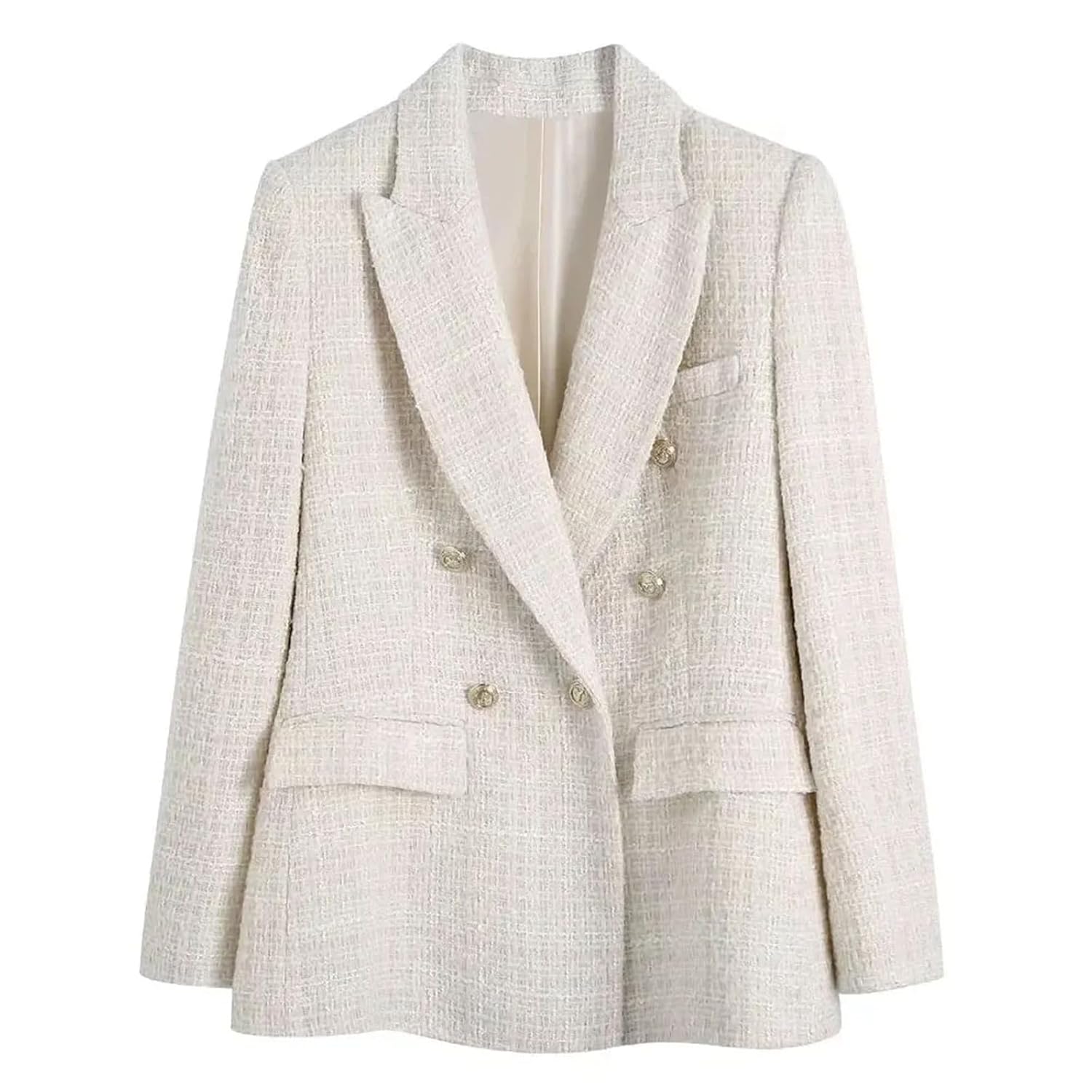 Womens Tweed Double Breasted Blazer Retro Long Sleeve Flap Pocket Jacket Chic Top