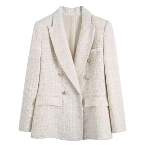 Womens Tweed Double Breasted Blazer Retro Long Sleeve Flap Pocket Jacket Chic Top