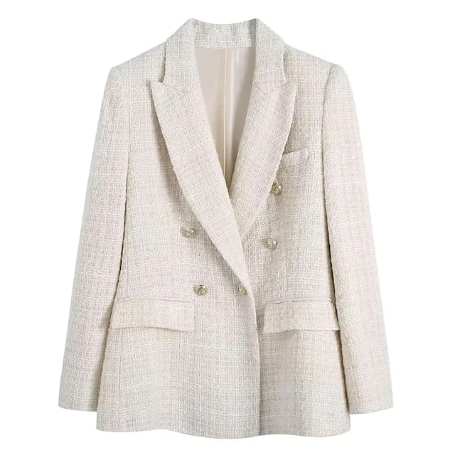 Womens Tweed Double Breasted Blazer Retro Long Sleeve Flap Pocket Jacket Chic Top