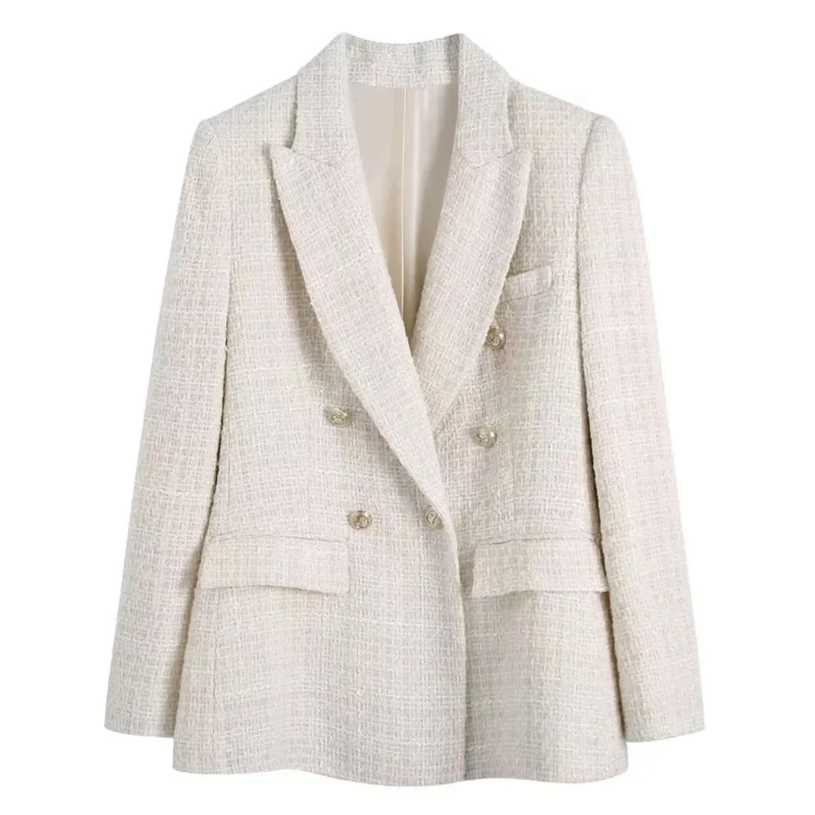 Womens Tweed Double Breasted Blazer Retro Long Sleeve Flap Pocket Jacket Chic Top