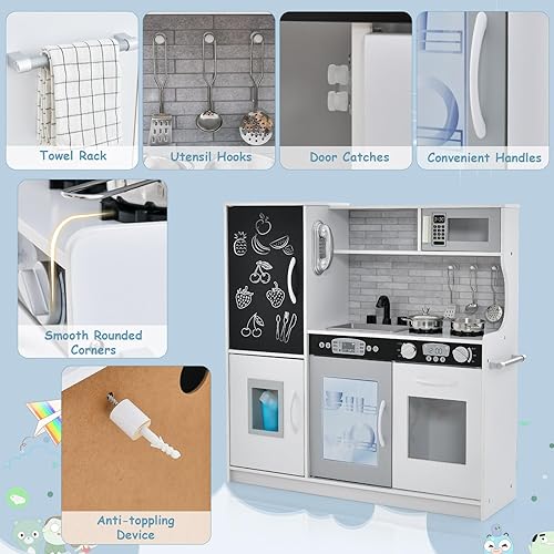 Miniatura 4 de HONEY JOY Juego de cocina para niños, juego de cocina de madera con pizarrón, teléfono, utensilios, horno, microondas, fregadero, almacenamiento,