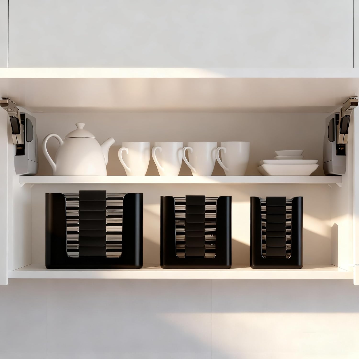 Food Container Lid Organizer for Rubbermaid Brilliances nap-on lids, Lid Organizer for Kitchen Cabinet Storage (3-Piece) - Holds 24 Lids for 4.7 Cup, 3.2 Cup, 1.3 Cup & 0.5 Cup Containers (Black)