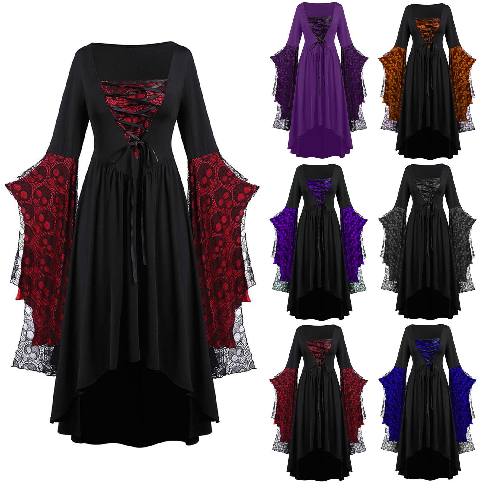 Saxrel Victorian Dresses Renaissance Dress 14 Years Pleated Evening Red Halloween Costumes for Kids Vintage Dance Party Renaissance Lace Up Skull Print Mesh Flared Sleeve Gothic Dress Gothic Retro