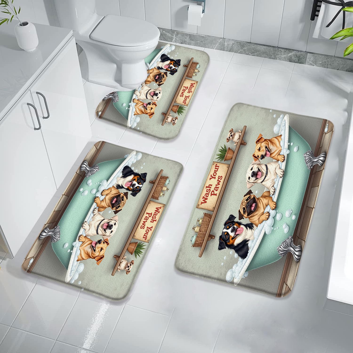 VPUPCN 3 Pcs Bath Rugs Set,Funny Dog Bath Mat Wash Your Paws Schnauzer Labrador Bulldog Cute Hilarious Animal Rustic Bathroom Non Slip Mats Bedroom