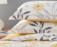 Vista 6 de Sleepbella - Edredón individual, algodón de 600 hilos, diseño de ramas y hojas grises con flores amarillas, diseño reversible en naranja, relleno