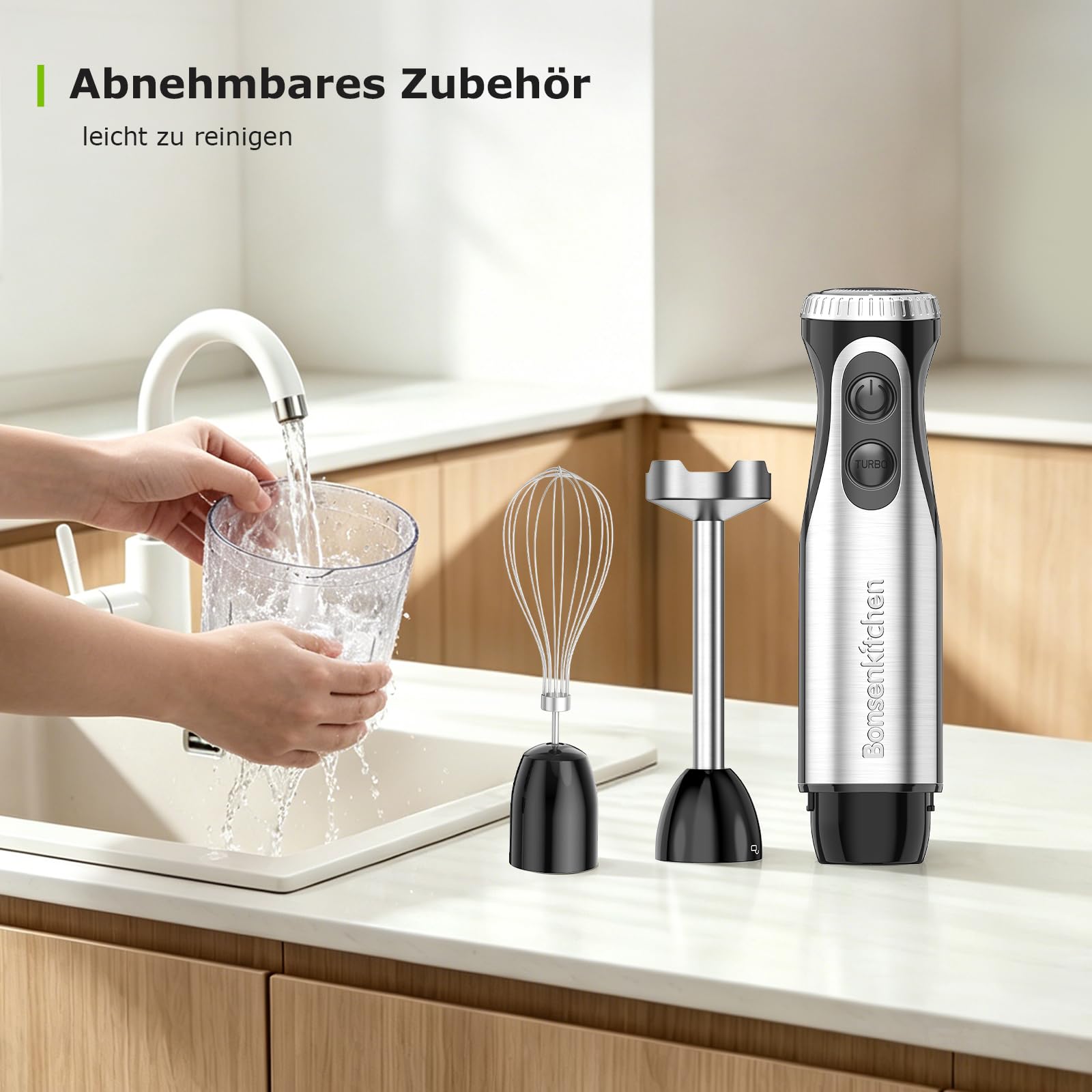 Bonsenkitchen Stabmixer 4-in-1, 1000W Elektrischer Pürierstab mit stufenloser Geschwindigkeitsregelung, Edelstahl-Mixfuß, Schneebesen, 500ml Lebensmittelhacker & 700ml Messbecher für Babynahrung