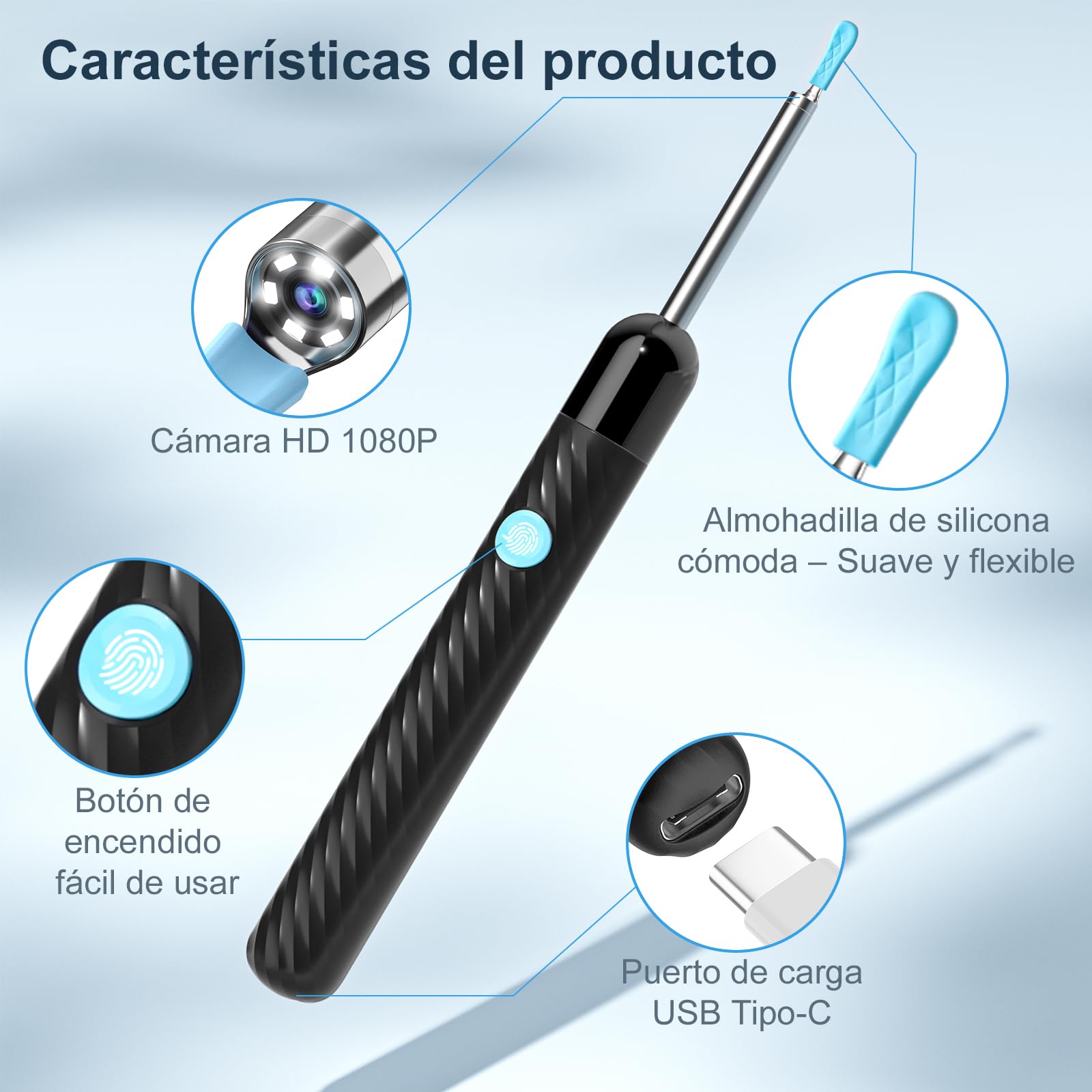 Otoscopio 1080P HD Limpiador de Oídos con Cámara de 6 LED - Limpiador de Oídos Adultos con 11 Fundas de Silicona - Compatible con iOS y Android (Negro Brillante)