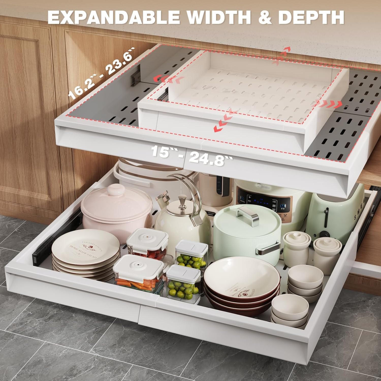 Seinloes 4 Pack Pull Out Cabinet Organizer Expandable Width (15"-24.8") & Depth (16.2"-23.6"), 3 Slide Rails Slide Out Drawers with Handle, Includes Raising Pad for Framed Cabinets, White