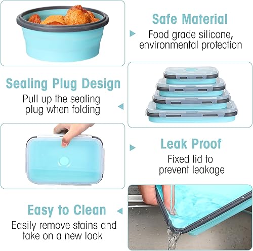 Miniatura 3 de Yaomiao Paquete de 16 Contenedores Plegables de Almacenamiento de Alimentos con Tapa Plegables, 8 Piezas de Tazones de Almacenamiento Rectangulares