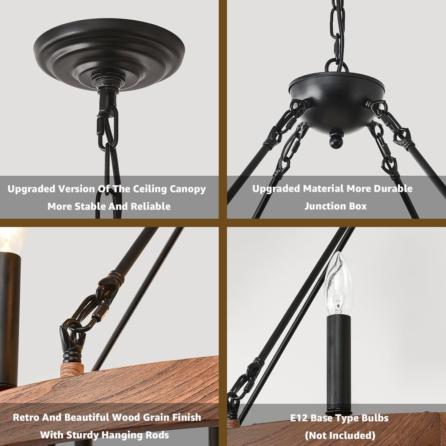 Wagon Wheel Chandelier 32" with Wood Grain Finish, 12-Light Farmhouse Dining Room Light Fixture, Modern Round Iron High Ceiling Chandeliers for Living Room, Foyer, Entryway, E12