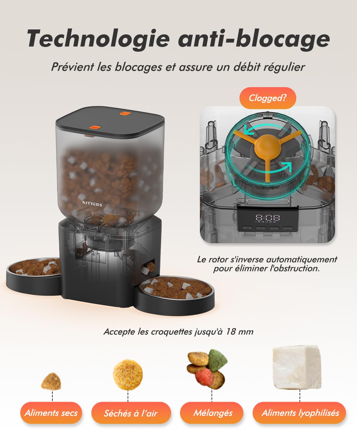 Distributeur Croquettes Chat Automatique 2 Bols, 8L Grande Capacité | Croquettes Jusqu'à 18mm, 2 Bols en Acier Inoxydable, Nettoyage Facile, Idéal pour Chats et Chiens Multiples