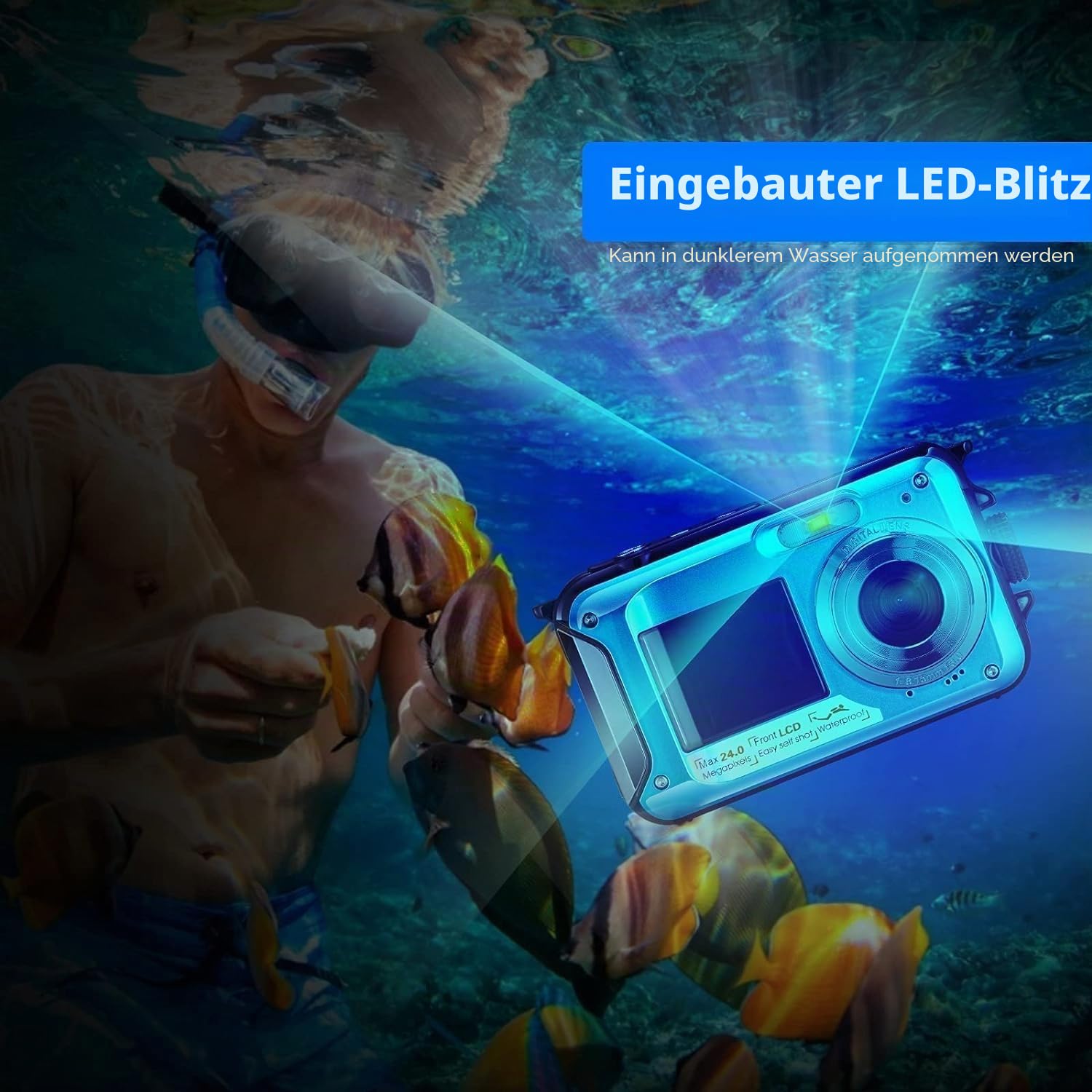 Unterwasserkamera, wasserdicht, Full HD 2,7 K, 24 MP, Digitalzoom, 16-fache Kamera, mit Doppelbildschirm, für Jugendliche, Schüler, Anfänger, Blau